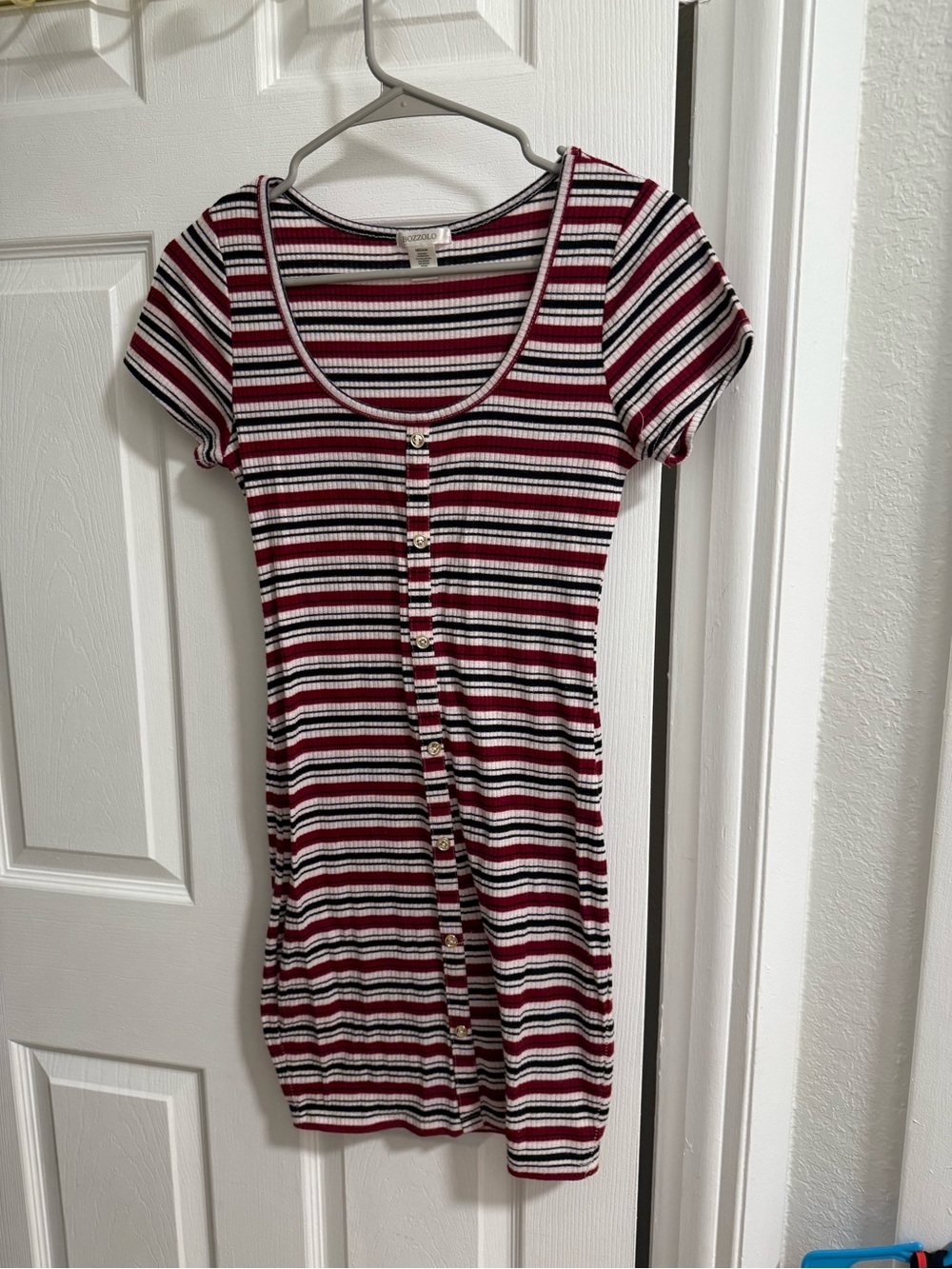Joie Striped Button-Front Mini Dress in Burgundy, Black, White